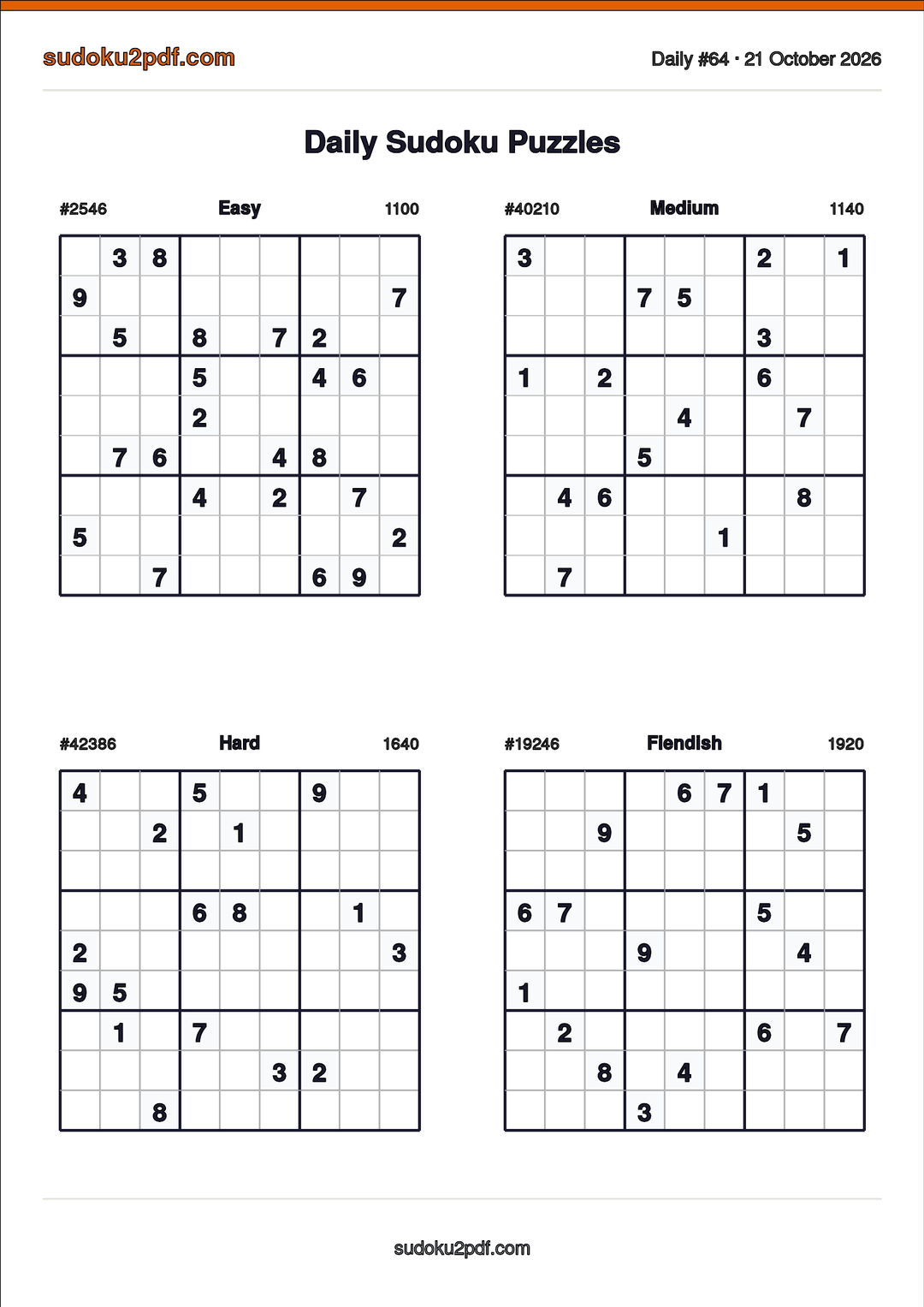 Daily Sudoku Puzzles – Free Printable PDFs | Sudoku2PDF